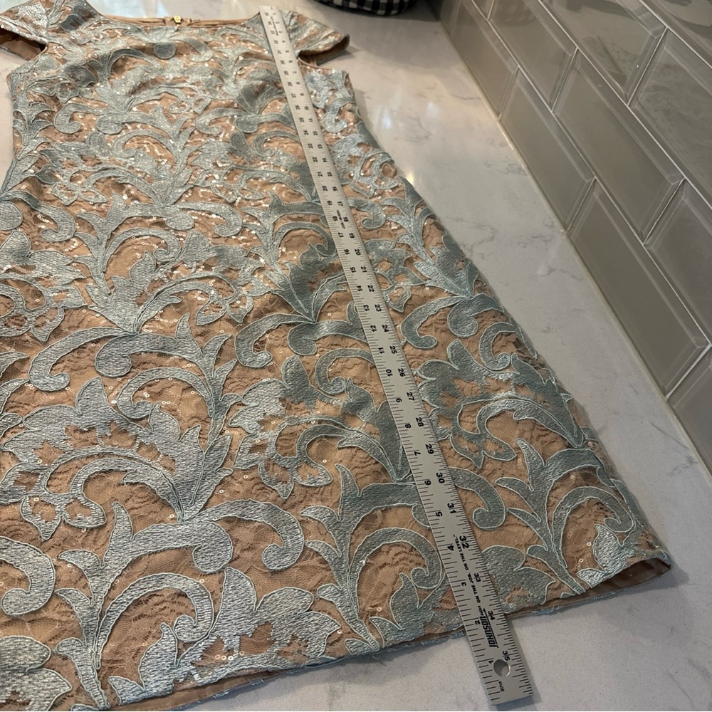 Eliza J Floral Lace Sheath Dress Cap Sleeve Light Blue Nude Lining Size 0 - Picture 15 of 16